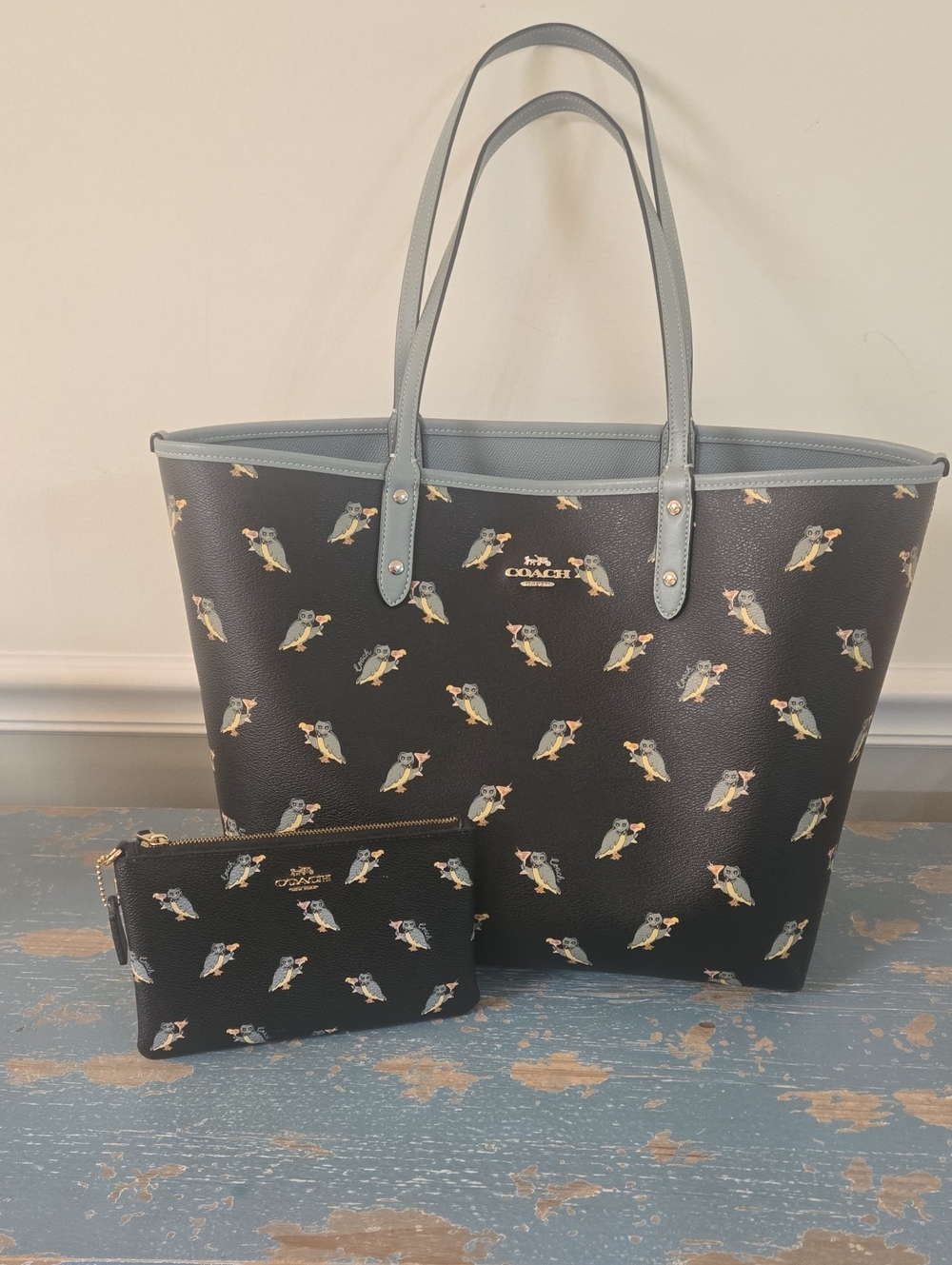 Coach Party Owl Tote And Clutch/Cosmetic Bag